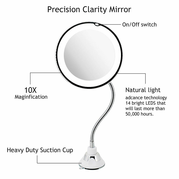 BeautyMirror, ogledalo s povećanjem, snažnim LED svjetlom i savitljivim držačem - Image 3